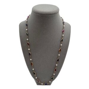 Multicolor Teardrop Station Necklace Gold Tone Faux Pearl Magnetic Clasp 24 Inch